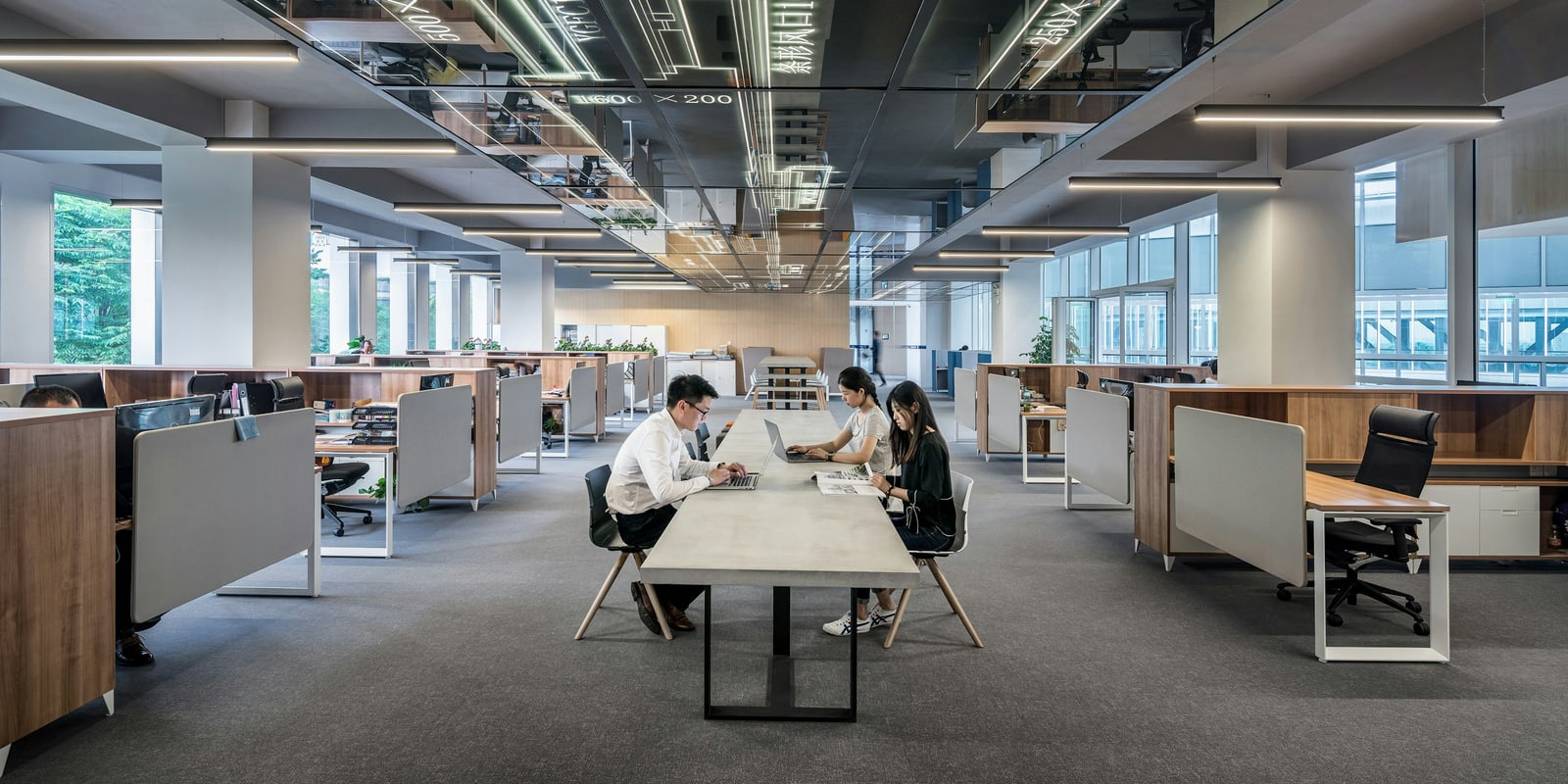 Open-plan professional office with city outlook